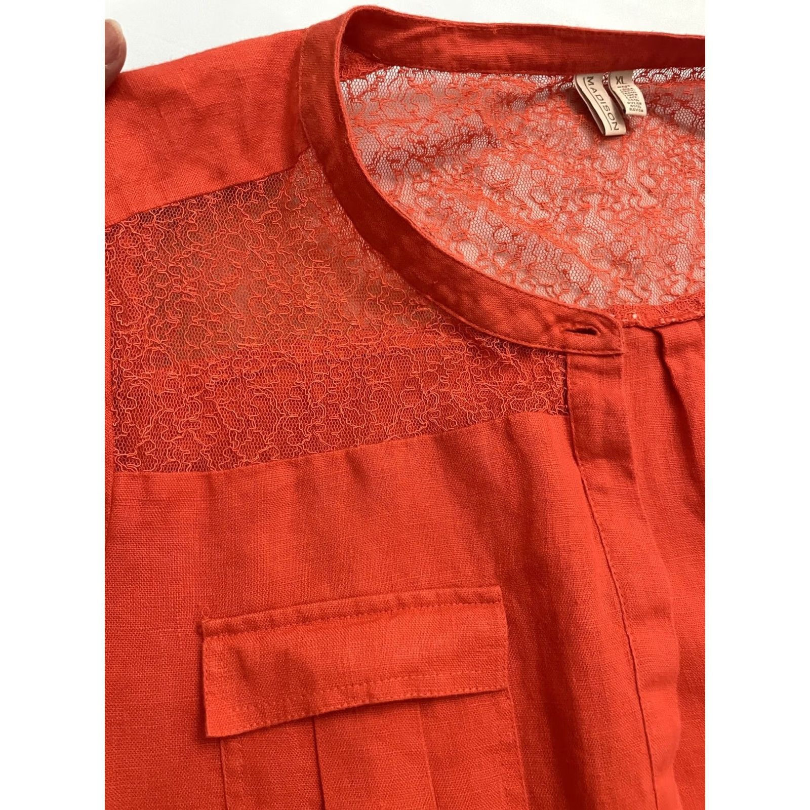 Madison Madison Shirt Womens XL Red Linen Lace Tunic Long Sleeve Button Front Pockets Size XL / US 12-14 / IT 48-50 - 5 Thumbnail