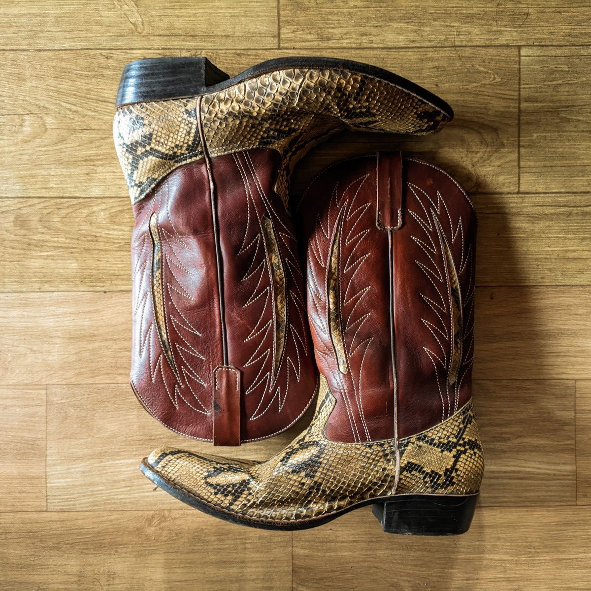 Cowboy Equipment × Dan Post × Vintage Exotic Snakeskin Cowboy Boots – Mixed Leather Size US 9 / EU 42 - 1 Thumbnail