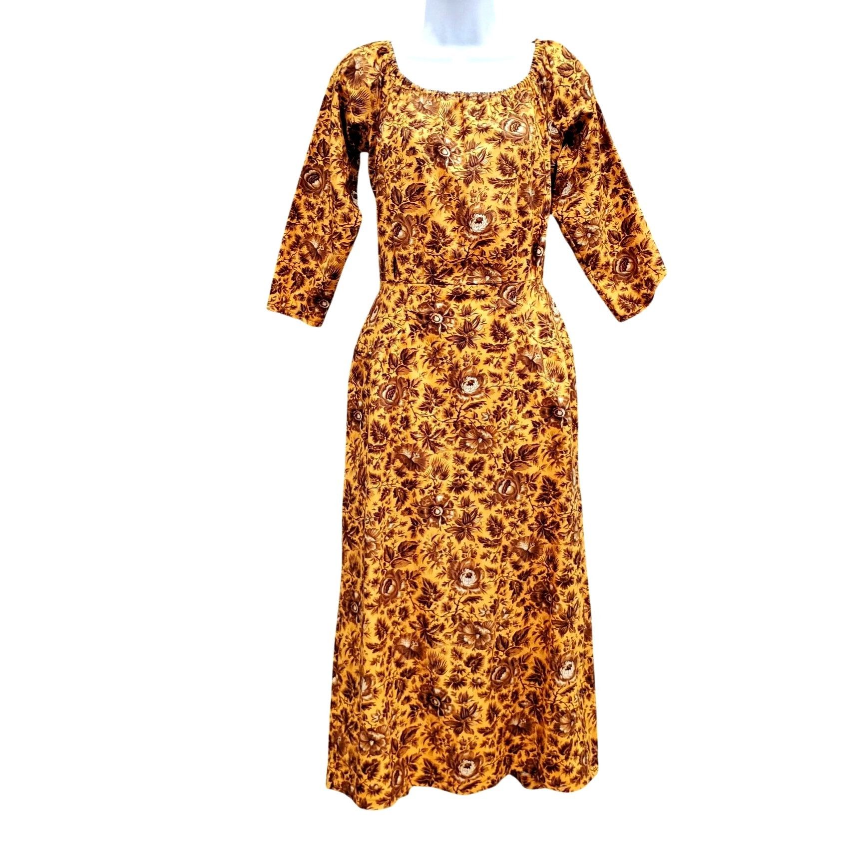 Handmade Vintage 70s Yellow Brown Floral Midi Dress Prairie Boho Autu Size L / US 10 / IT 46 - 1 Thumbnail