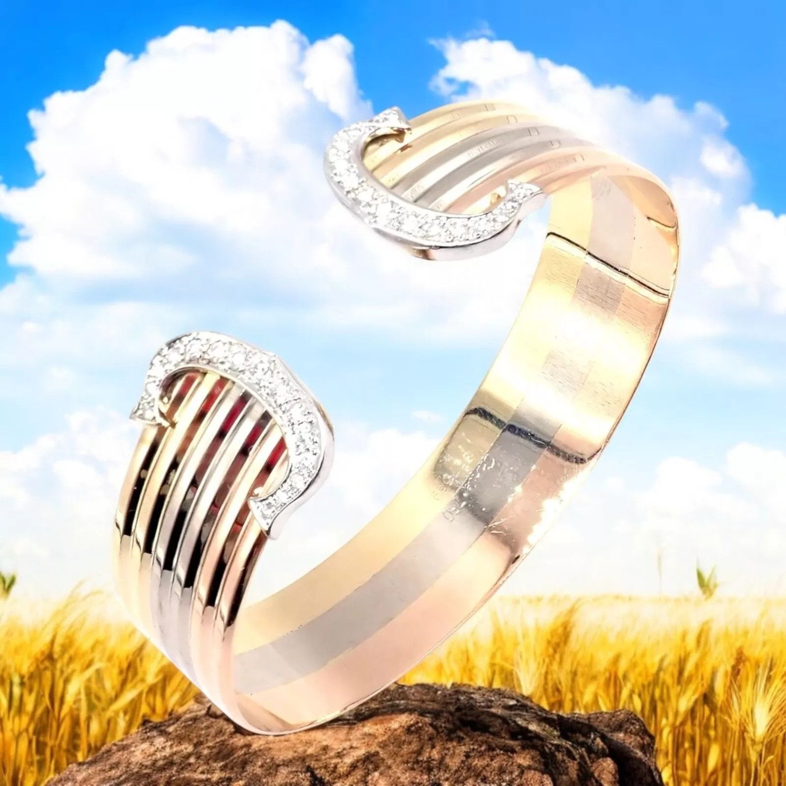 Cartier Cartier 18k Tri-Color Gold C Wide Cuff Bangle Bracelet Size ONE SIZE - 2 Thumbnail