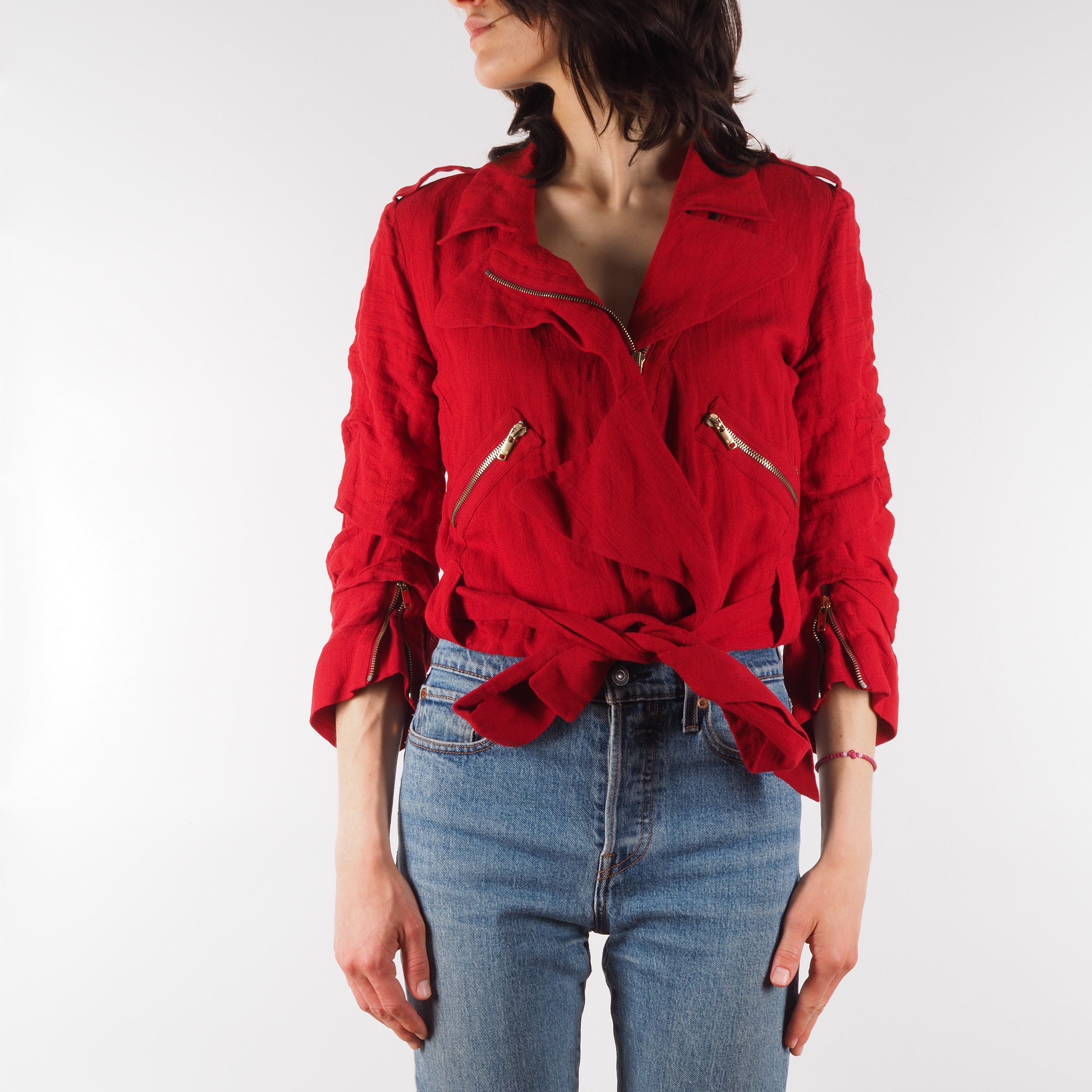 Sonia Rykiel Sonia Rykiel Vintage Red Cropped Draped Linen Moto Jacket Size S / US 4 / IT 40 - 2 Thumbnail