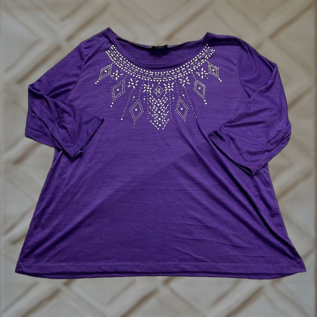 Vintage Closet Full Blouse Womens 2XL Purple Beaded Round Neck Half Sleeve Stretch Soft Size XXL / US 16-18 / IT 52-54 - 1 Thumbnail