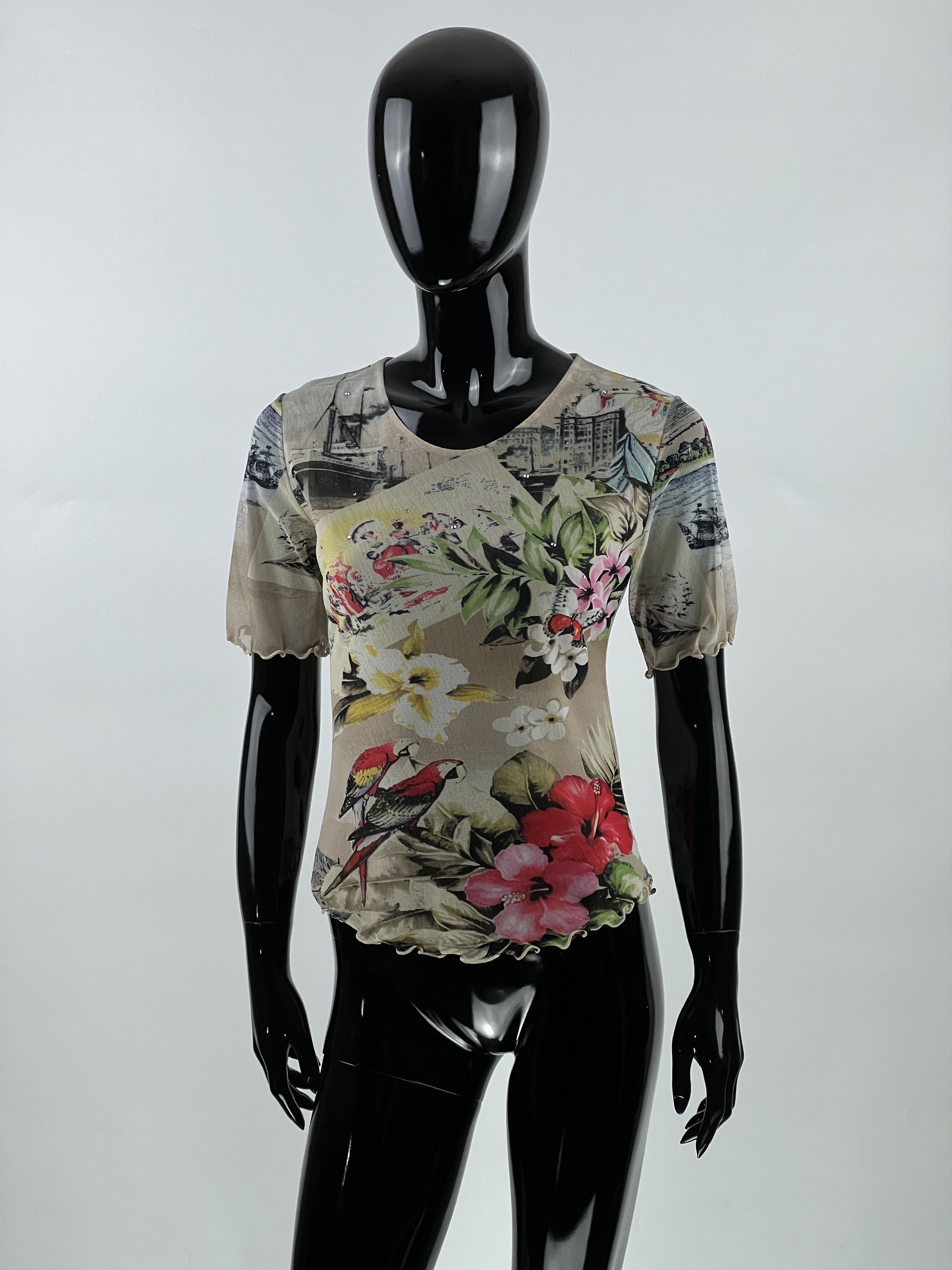 Designer Suzanna Paris Vtg Rhinestones Floral Print Mesh Top Size 3 Size L / US 10 / IT 46 - 1 Thumbnail