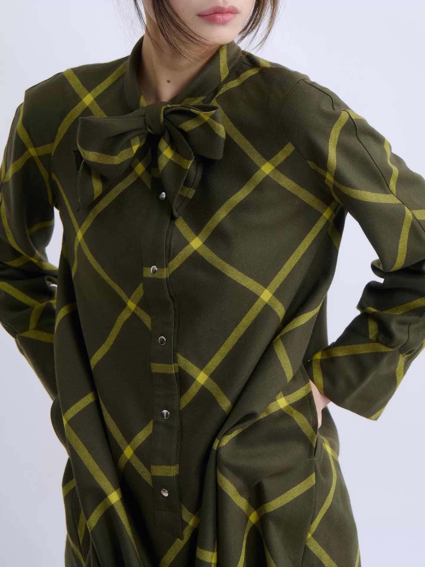 Thierry Mugler Thierry Mugler 80s-90s Yellow-Green Check Bow Dress Size XXL / US 16-18 / IT 52-54 - 7 Thumbnail