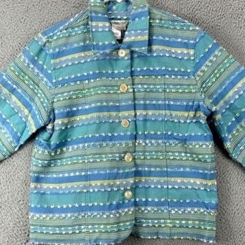Coldwater Creek COLIWATER CREEK jean jacket striped blue green collar button front casual womens M blue striped bohemian retro hippie casual long sleeve jacket Size 32" / US 10 / IT 46 - 4 Thumbnail