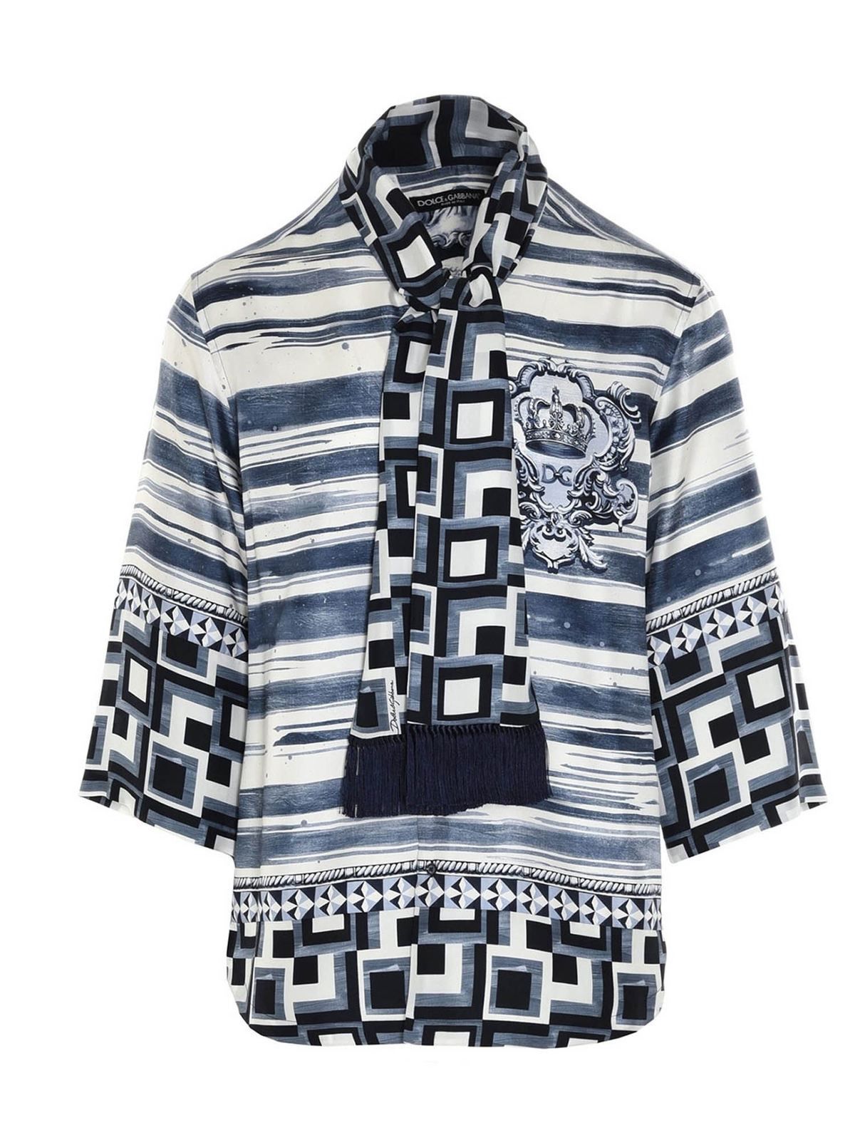 Dolce & Gabbana o1tko10825 Half-Sleeve Front-Tie Printed Shirt in Navy/White Size US M / EU 48-50 / 2 - 1 Thumbnail
