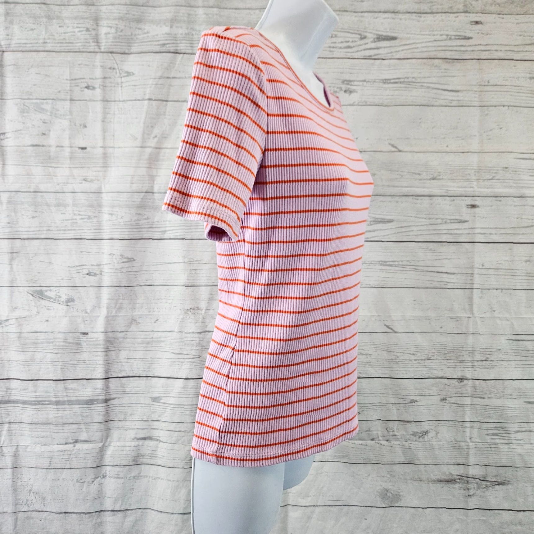 Ann Taylor Ann Taylor Womens Blouse Shirt Small Pink Orange Stripe Cotton Blend Short Sleeve Round Neck Woman Indoor Ladies Shirt Size S / US 4 / IT 40 - 3 Thumbnail