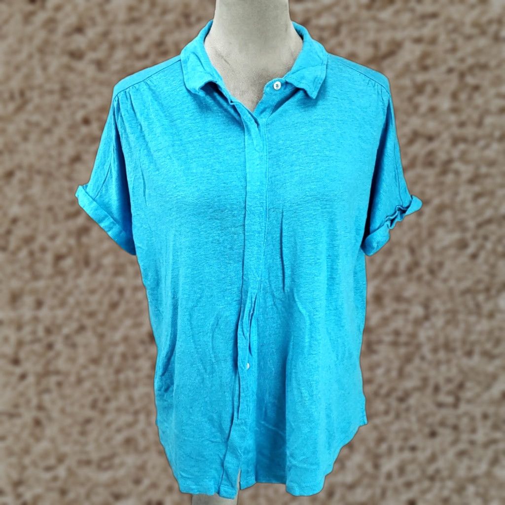 Vintage Chicos Blouse Shirt Womens M Blue Linen Button Up Short Sleeve Collared Pleated Back Casual Size M / US 6-8 / IT 42-44 - 1 Thumbnail