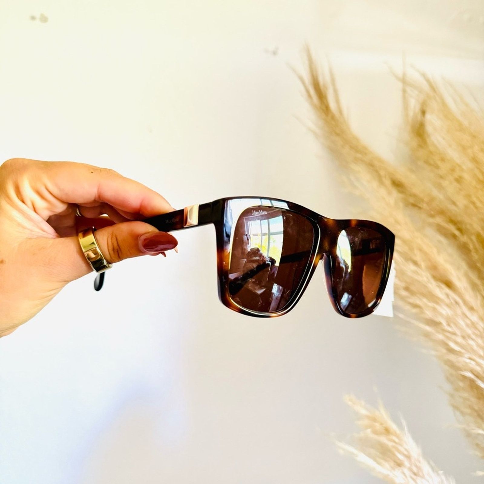 Max Mara NEW MAXMARA Prism Oversize Brown Square Gold Stud Sunglasses Size ONE SIZE - 12 Thumbnail