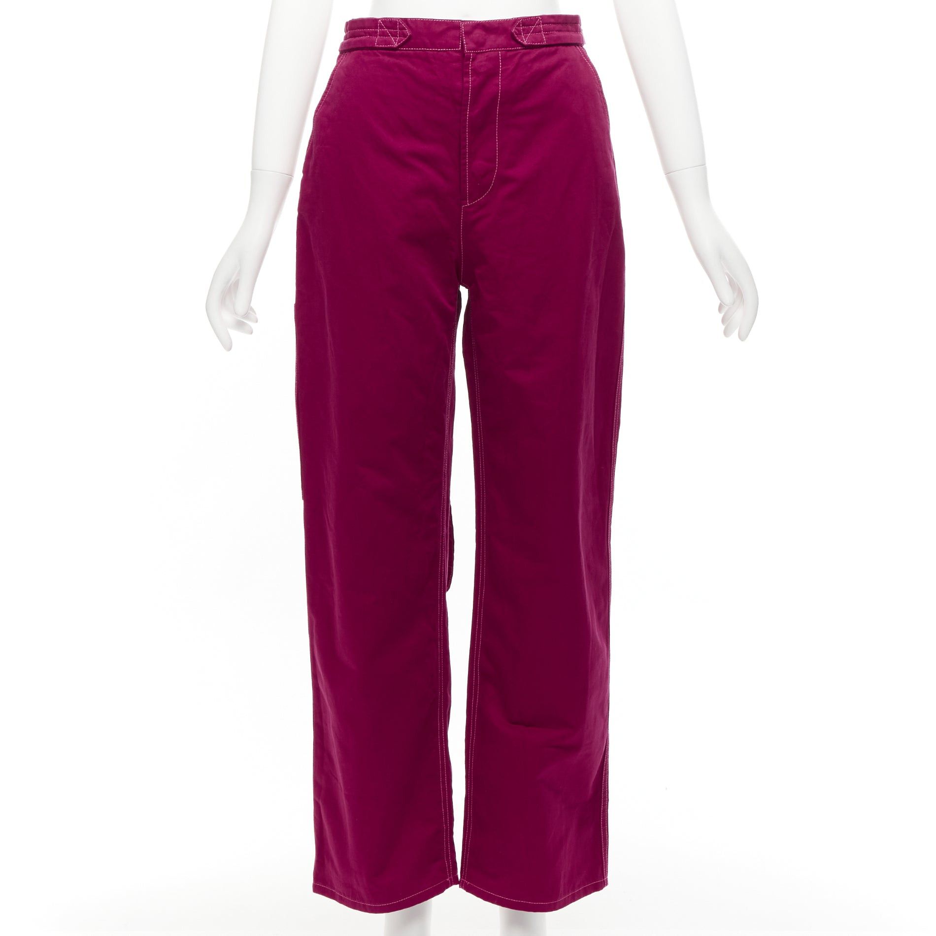 image of Marni Burgundy Cotton Linen Topstitch Belt Waist Wide Leg Pants It38 Xs, Women's (Size 26)