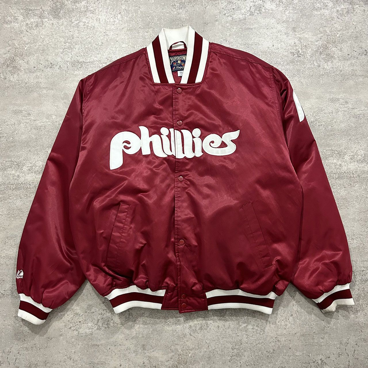 Image of VTG Mlb Philadelphia Phillies Cooperstown Satin Bomber in Maroon, Men's (Size 2XL)