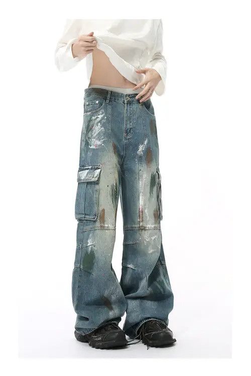 Jean Hand-painted graffiti heavy-duty multi-pocket work jeans Size US 32 / EU 48 - 3 Thumbnail