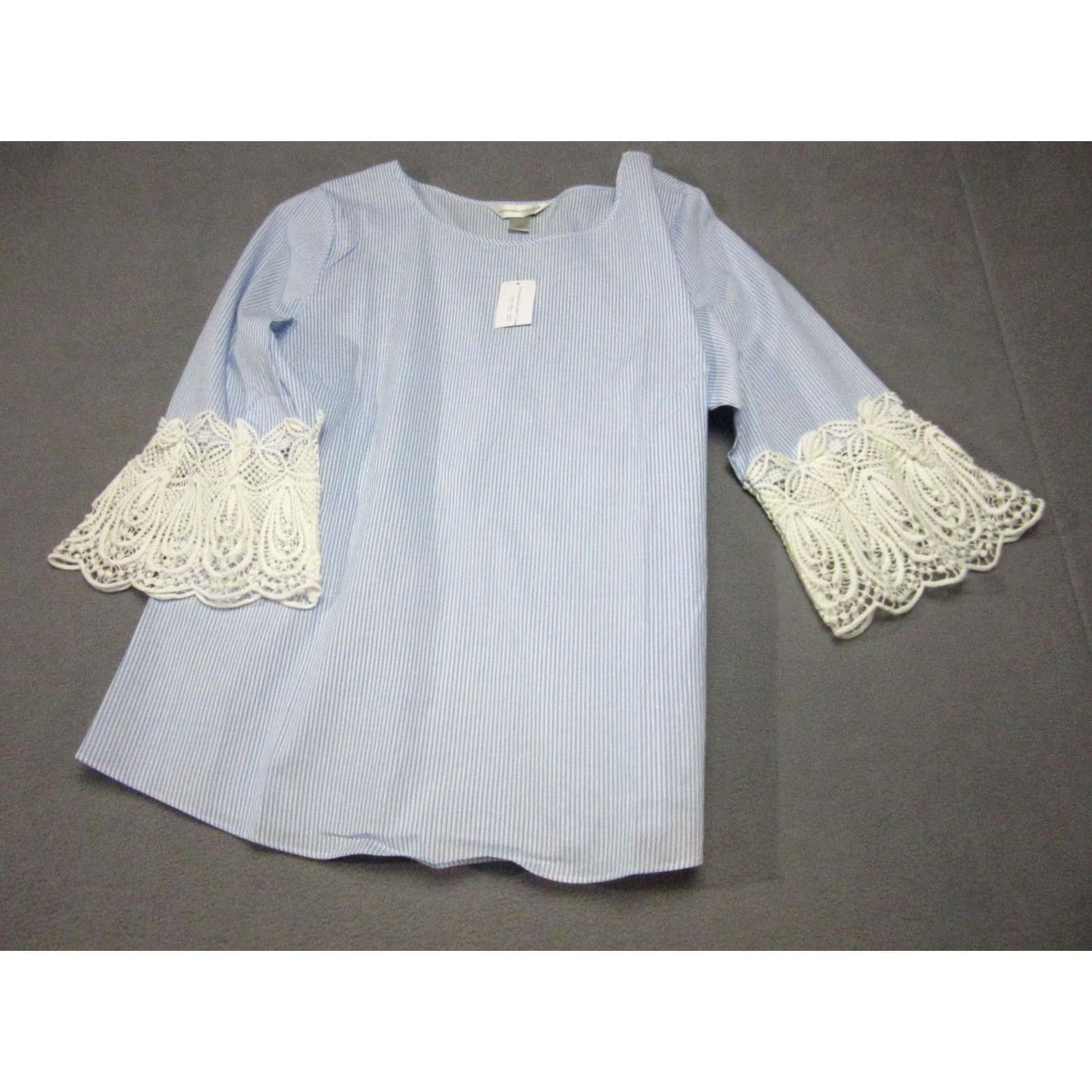 Vintage Christopher Banks Blouse Womens Large Blue Crochet 3/4 Bell Sleeve Tunic Size L / US 10 / IT 46 - 3 Thumbnail