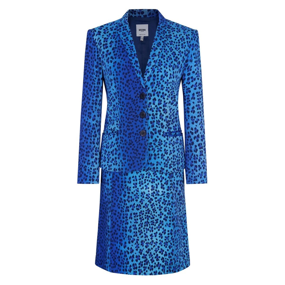 image of Moschino Jeans Late 90's Blue Leopard Print Skirt Suit, Women's (Size Small)