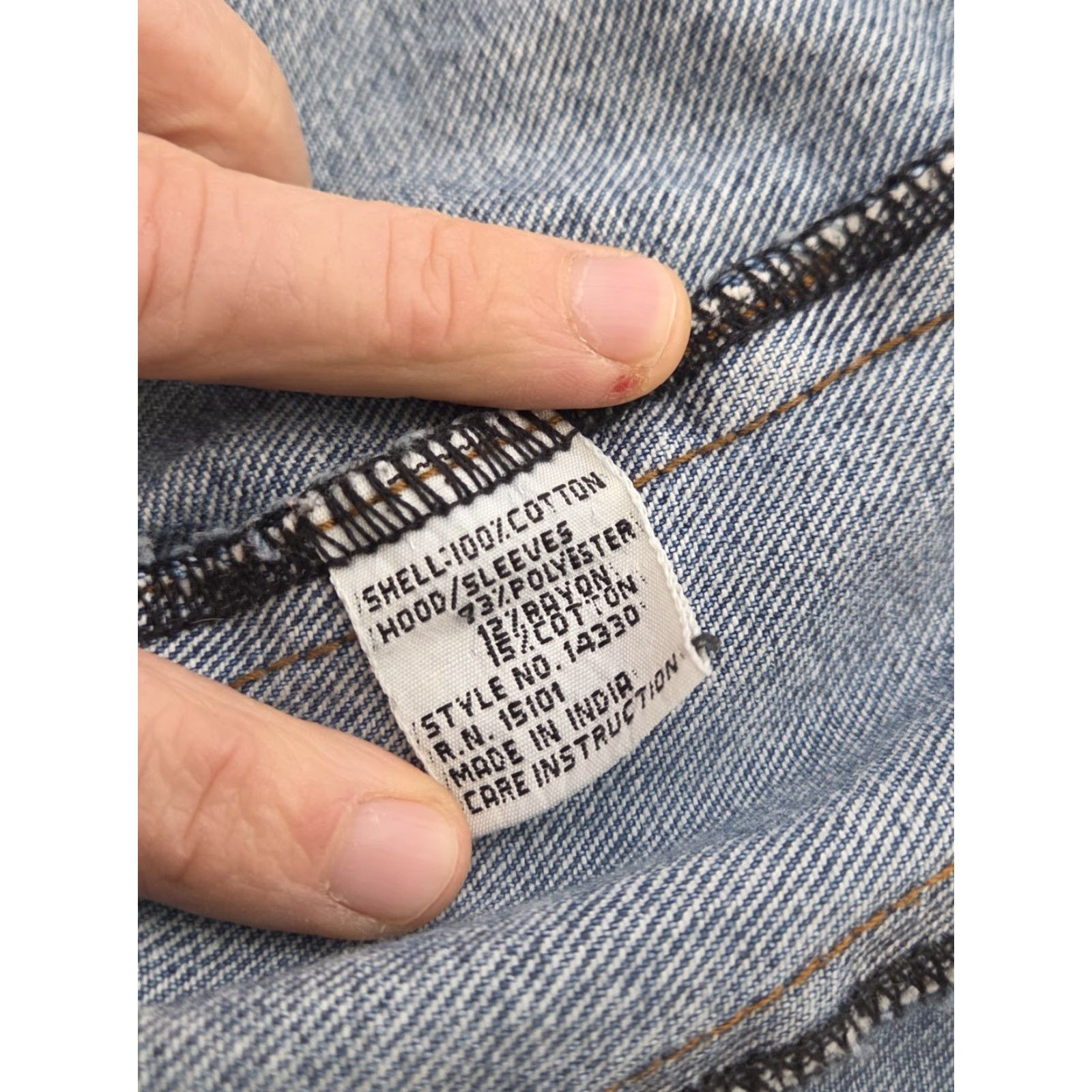 Denime VINTAGE Denim Jacket Hoodie Trucker Sweatshirt Jacket Men XL Blue 90s Western USA Logo Embroidered Pockets Hooded Lined Button-Down Casual Workwear Size US XL / EU 56 / 4 - 4 Thumbnail