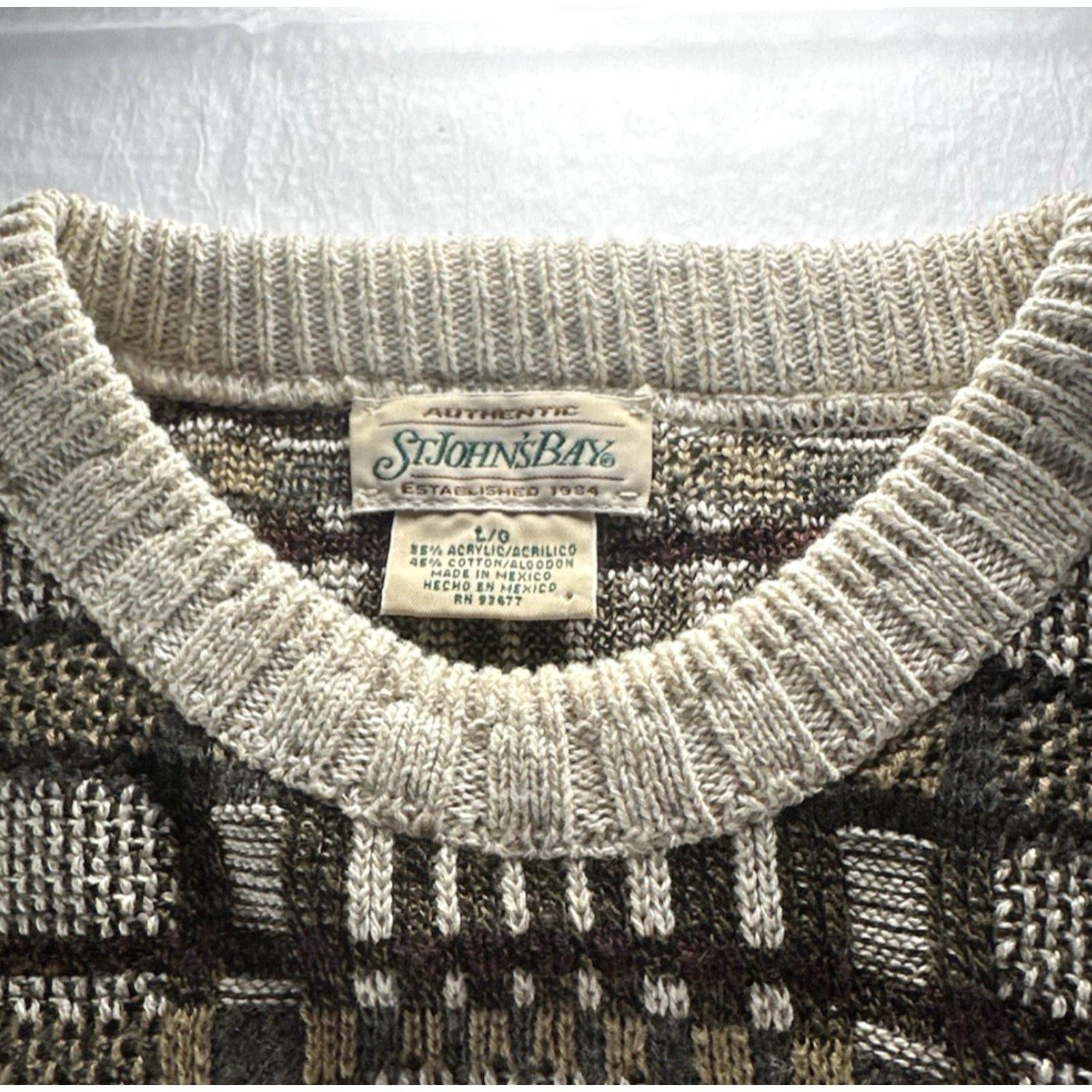Vintage VTG St. Johns Bay Geometric Ribbed Sweater Mens Large Beige Multi Geometric Ribbed Pullover 90s Vintage Mens L Beige St. Johns Bay Size US L / EU 52-54 / 3 - 5 Thumbnail