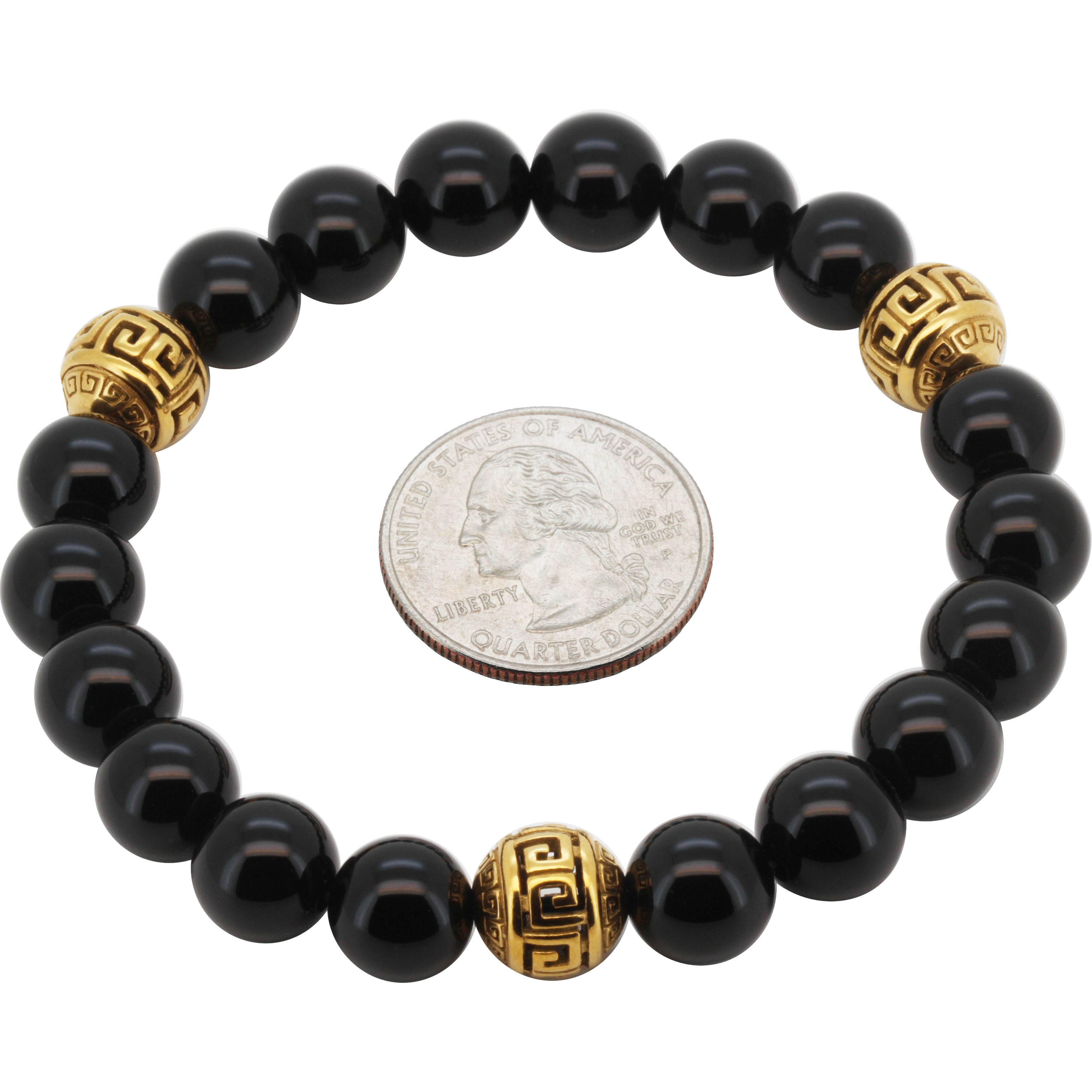 Other 316L SS 18k GP 10mm Greek Key Obsidian Stretch Bracelet 8” Size ONE SIZE - 1 Preview