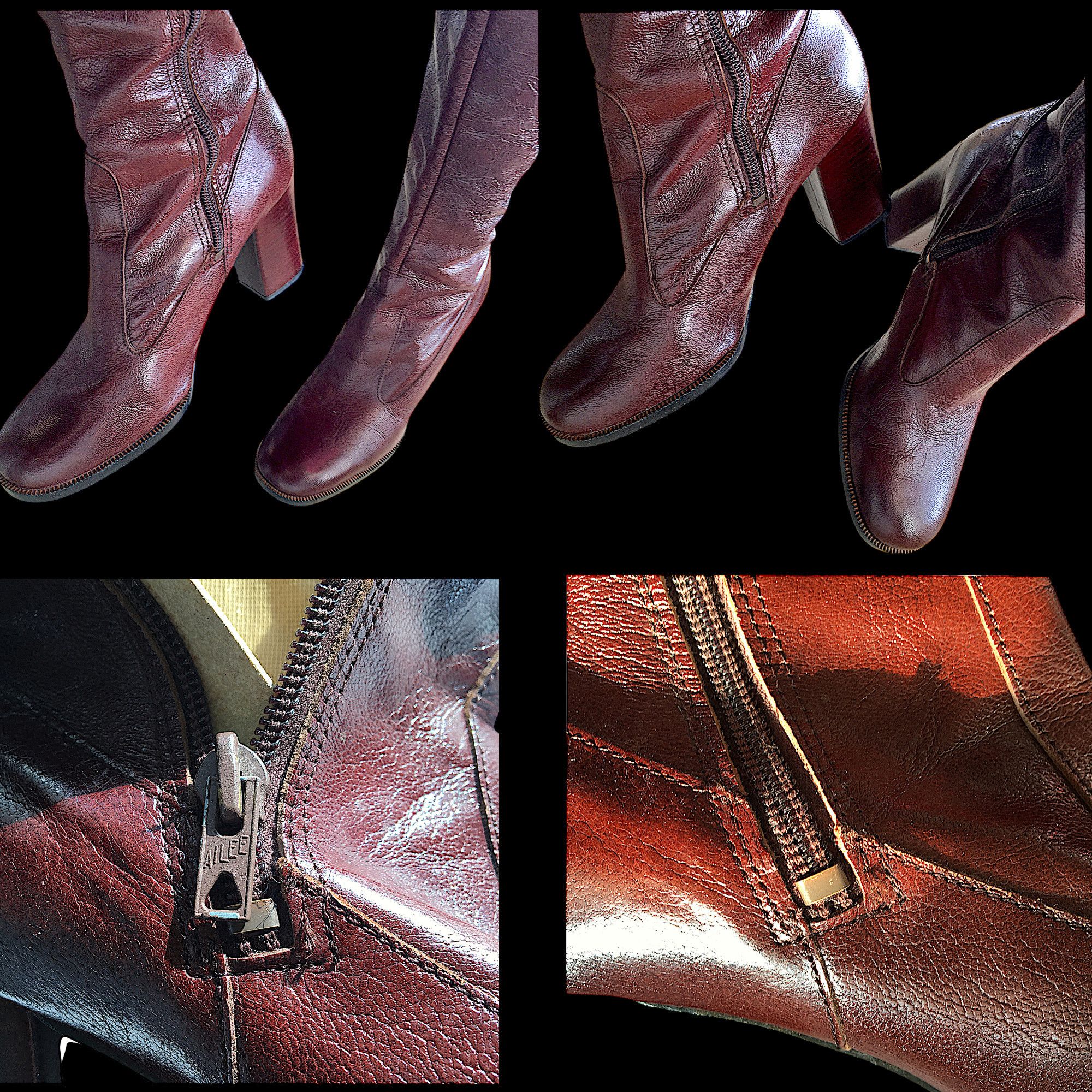 Vintage Burgundy Leather Boots - High Block Heel - France 70s Size US 6 / IT 36 - 19 Thumbnail