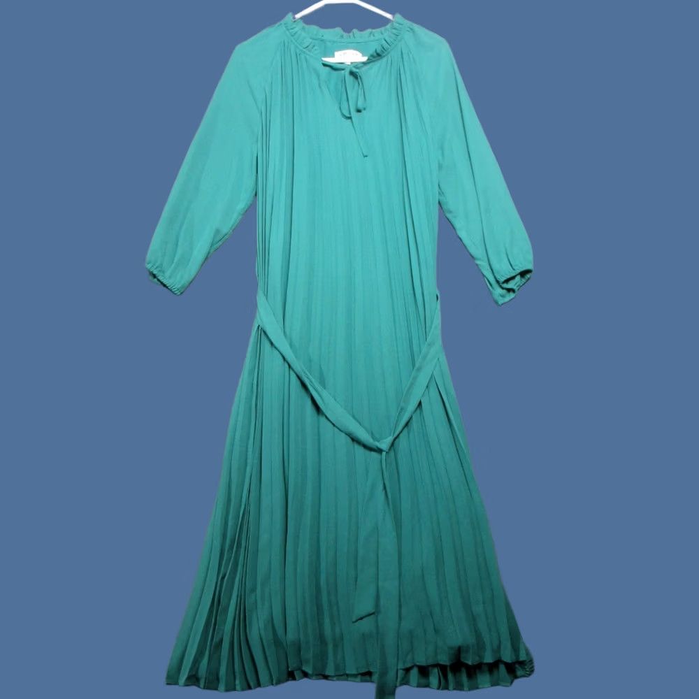 Nanette Lepore Nanette Lepore Dress Womens 10 Green Pleated Chiffon Ruffle Trim Split Tie Neck Size L / US 10 / IT 46 - 1 Thumbnail