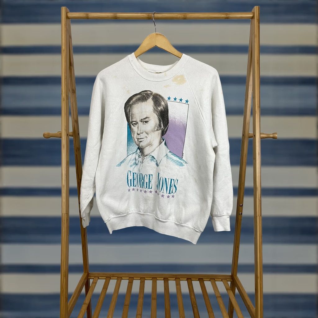 Fruit Of The Loom VTG George Jones Country Music Big Face Portrait Raglan Crewneck Sweatshirt L Mens White/Cream Crewneck Raglan Swing 90s Fan Gift Size US L / EU 52-54 / 3 - 1 Thumbnail