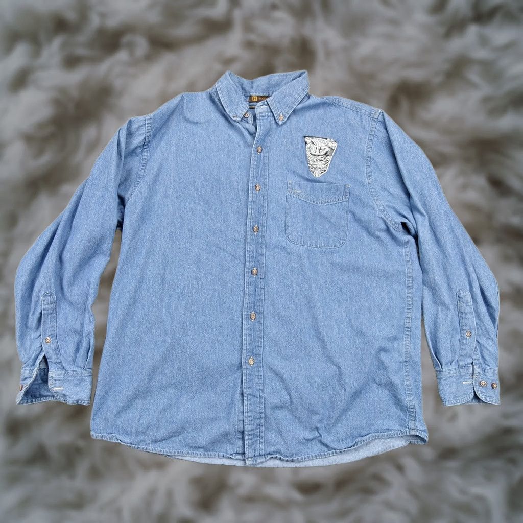 Denime VINTAGE Harriton Shirt Mens XL Blue Denim Long Sleeve Button Front 87 Patch Size US XL / EU 56 / 4 - 1 Thumbnail