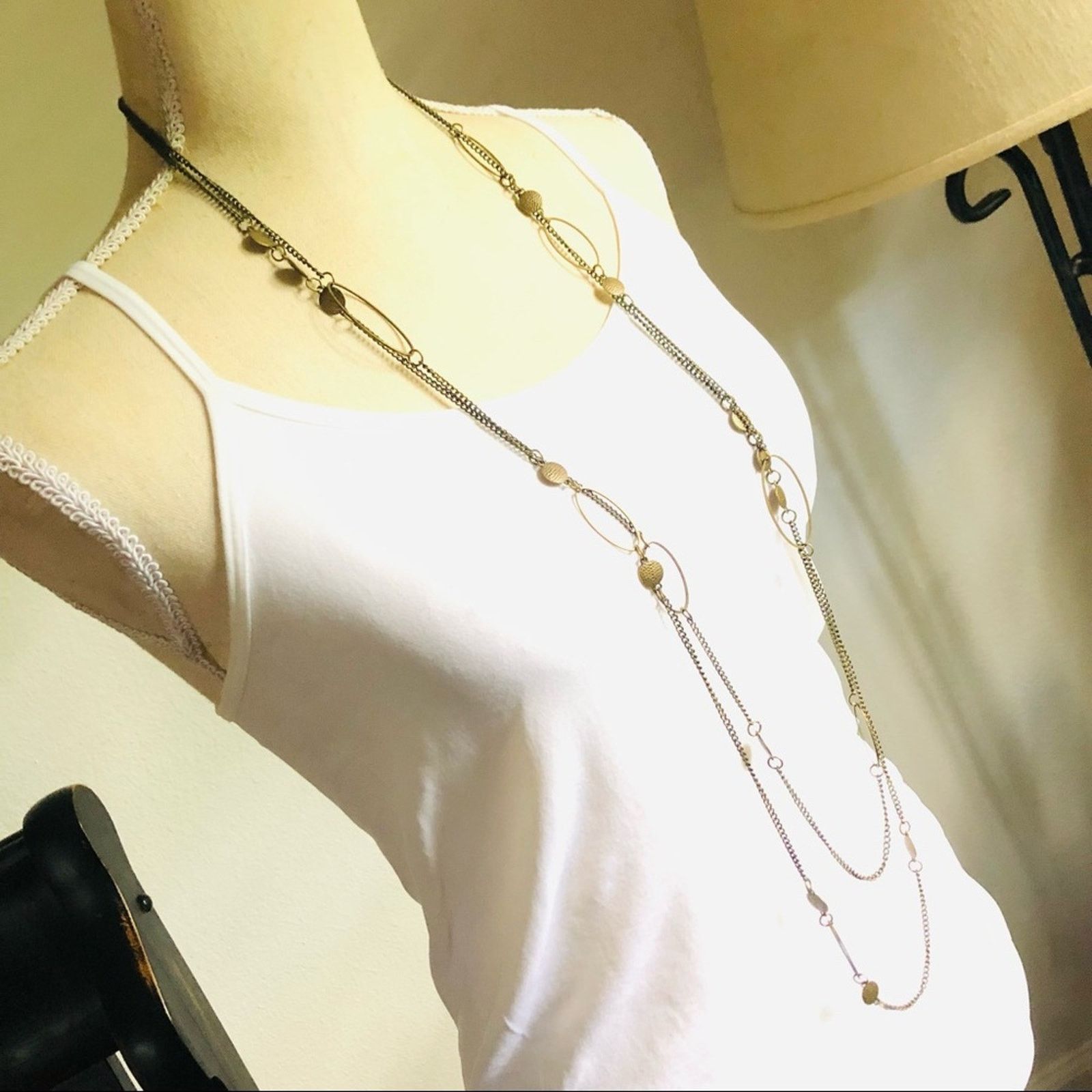 Jewelry Double strand layered brass chain disc accent long necklace Size ONE SIZE - 2 Thumbnail