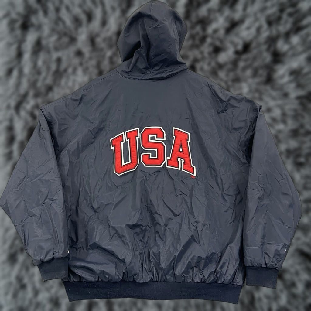 Vintage VINTAGE Steve & Barry's Jacket Mens 3XL Blue USA Flag Polyvinyl Zip Hooded Lined Size US XXL / EU 58 / 5 - 1 Thumbnail