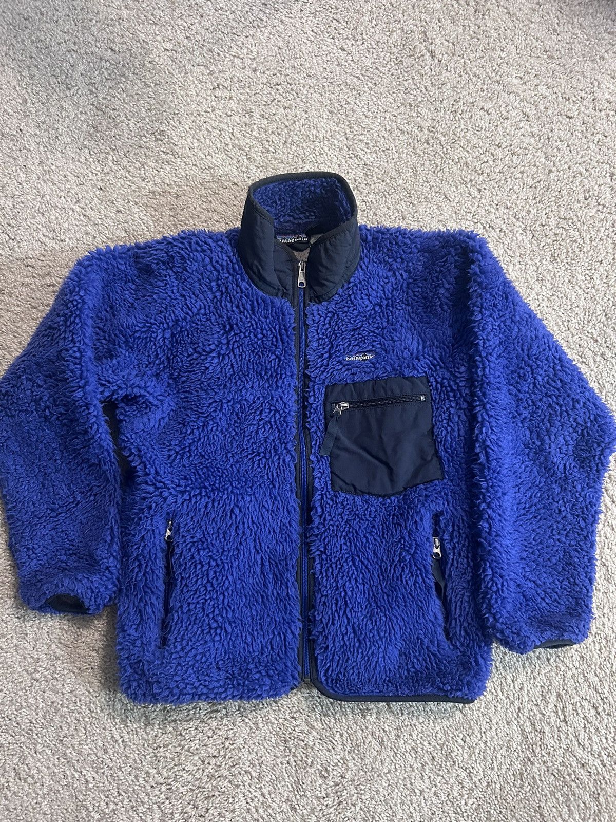 Image of Patagonia Vintage Deep Pile Fleece Cardigan Jacket Xs Blue, Men's