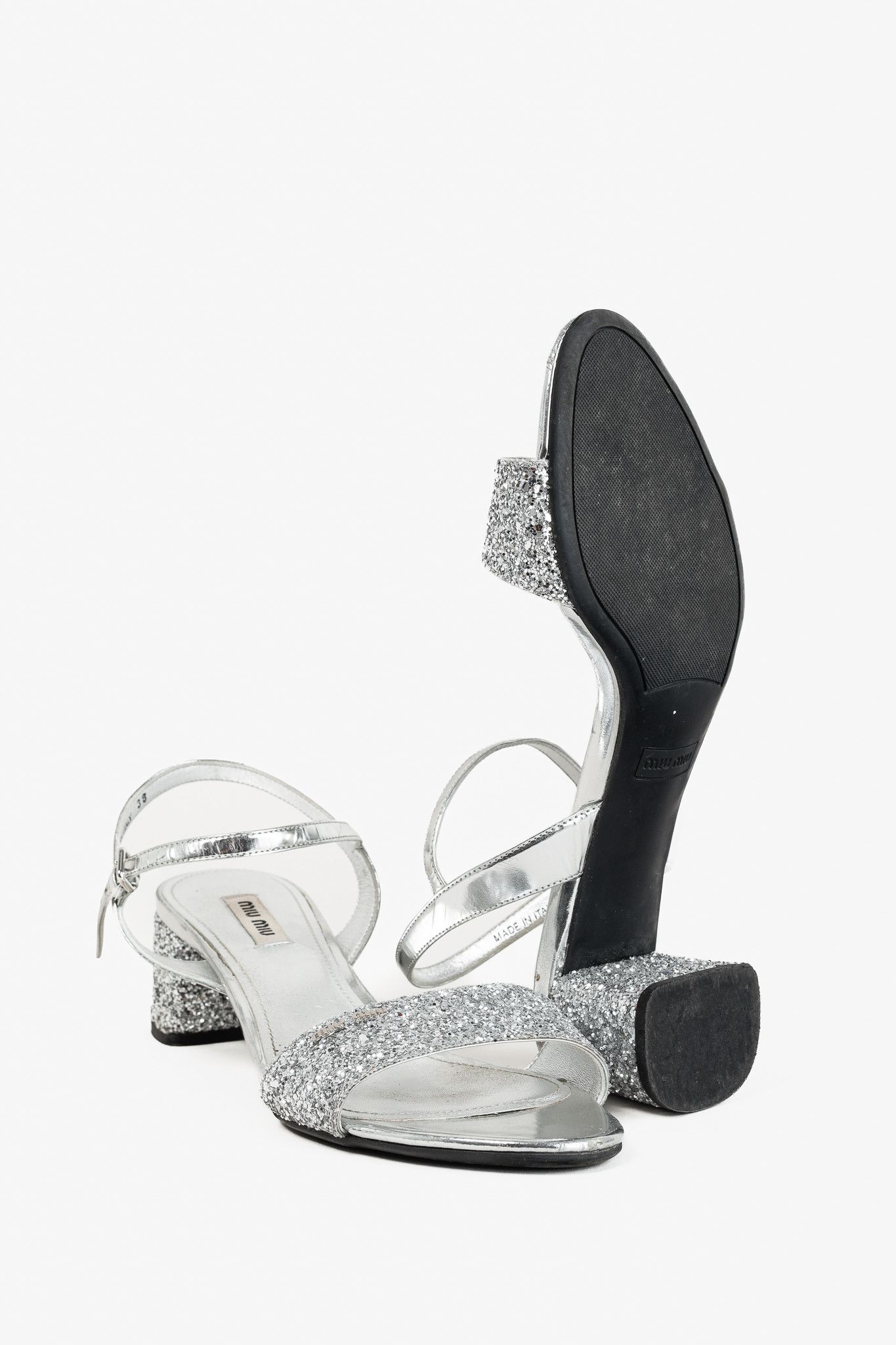 Miu Miu Miu Miu Silver Glitter & Leather Low-Heel Sandals Size US 7.5 / IT 37.5 - 4 Thumbnail