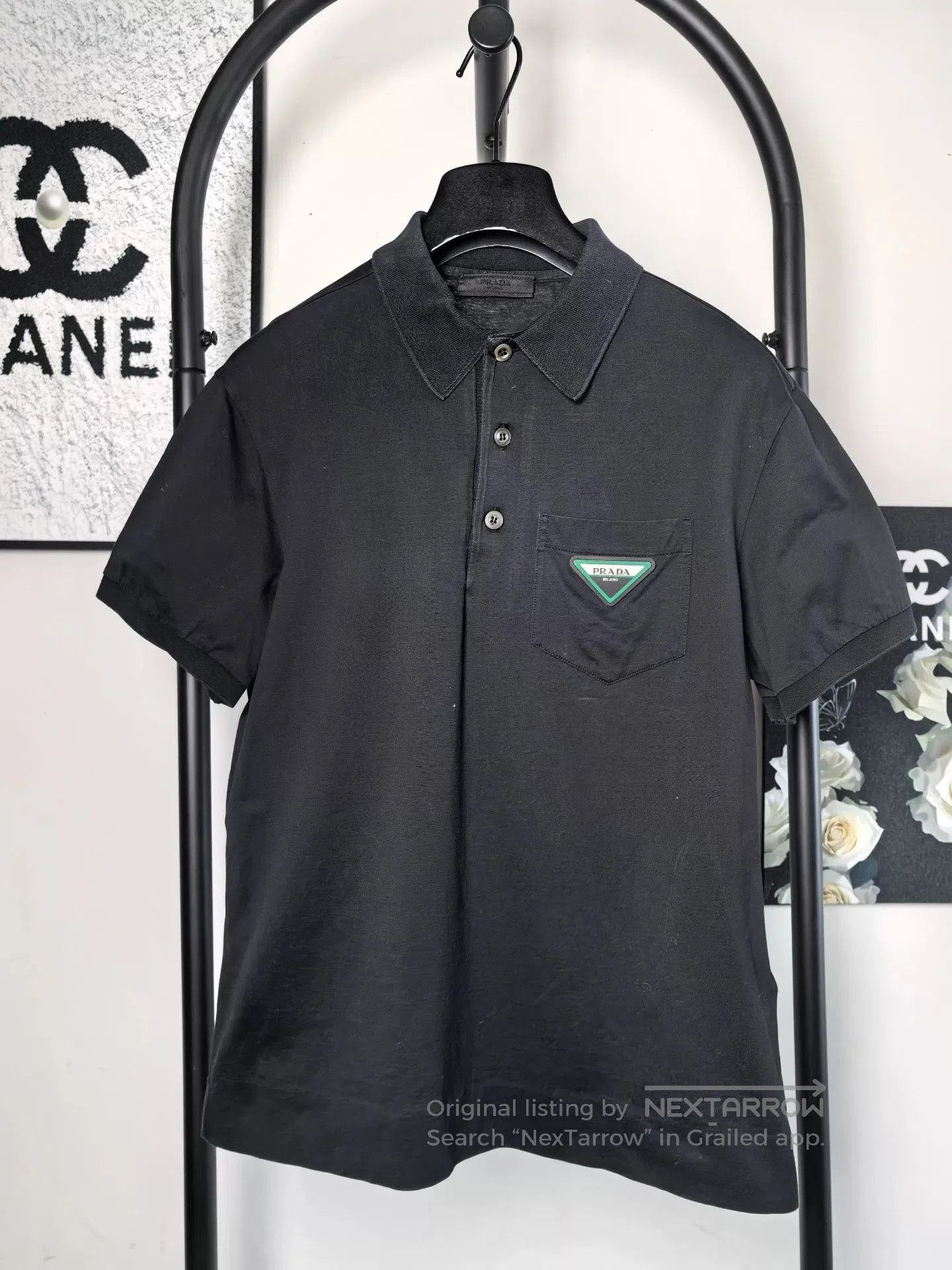 トップス prada black triangle logo polo shirt Prada Black Triangle Logo Polo Shirt.