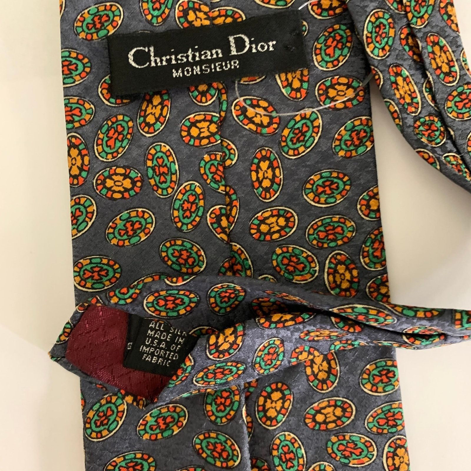 Dior CHRISTIAN DIOR Grey Multi-Color Geometric Silk Tie Size ONE SIZE - 3 Thumbnail