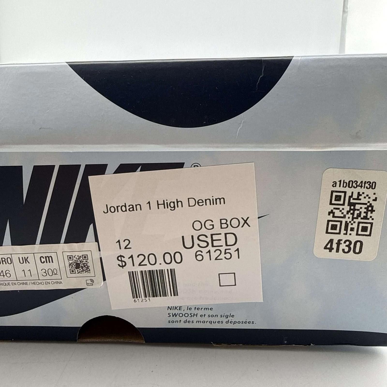 Nike Air Jordan 1 Retro High Denim US 12 Used with Box FQ2... Size US 12 / EU 45 - 9 Thumbnail