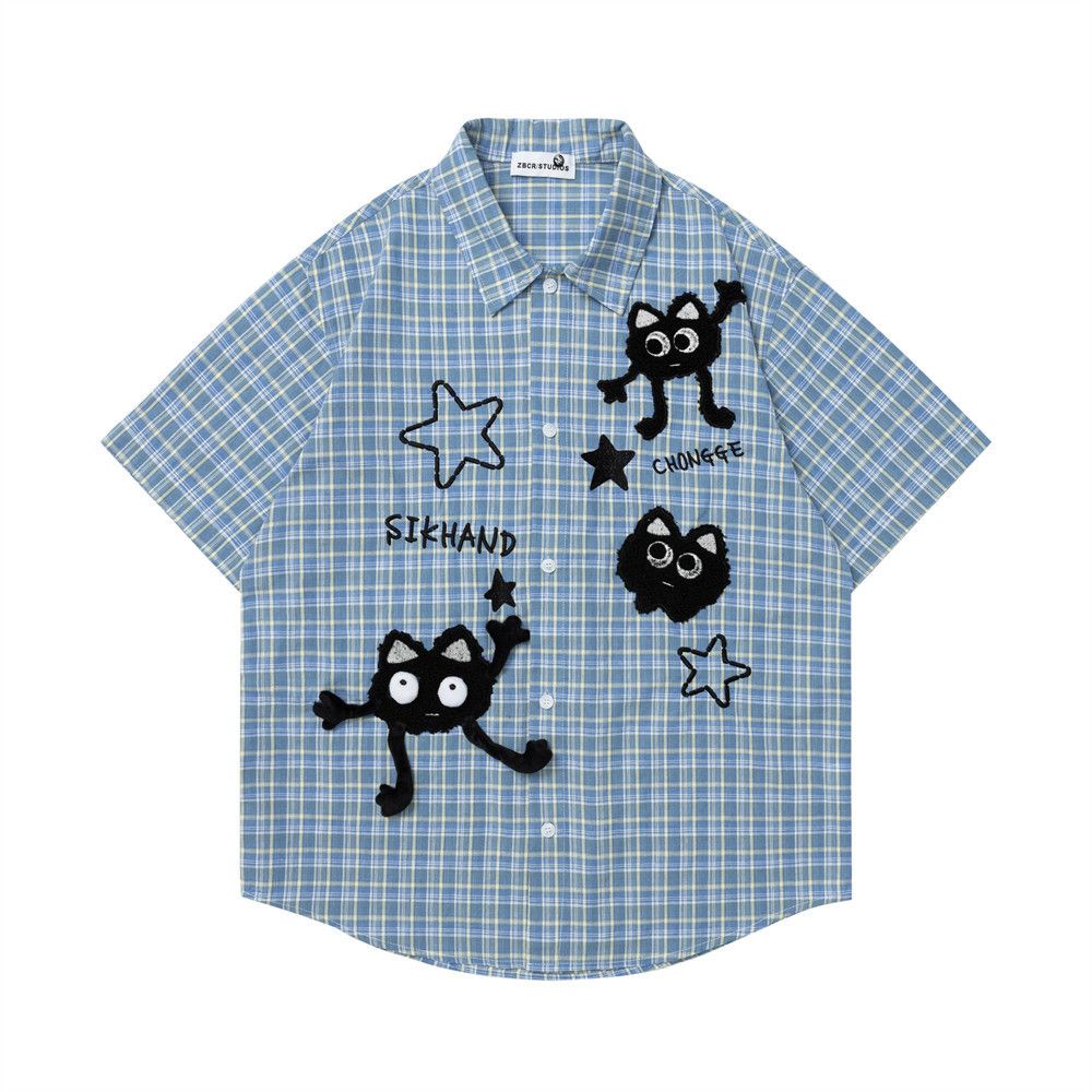 Japanese Brand Men's Loose Casual Plaid Shirt with Cartoon Embroidery Size US M / EU 48-50 / 2 - 1 Thumbnail
