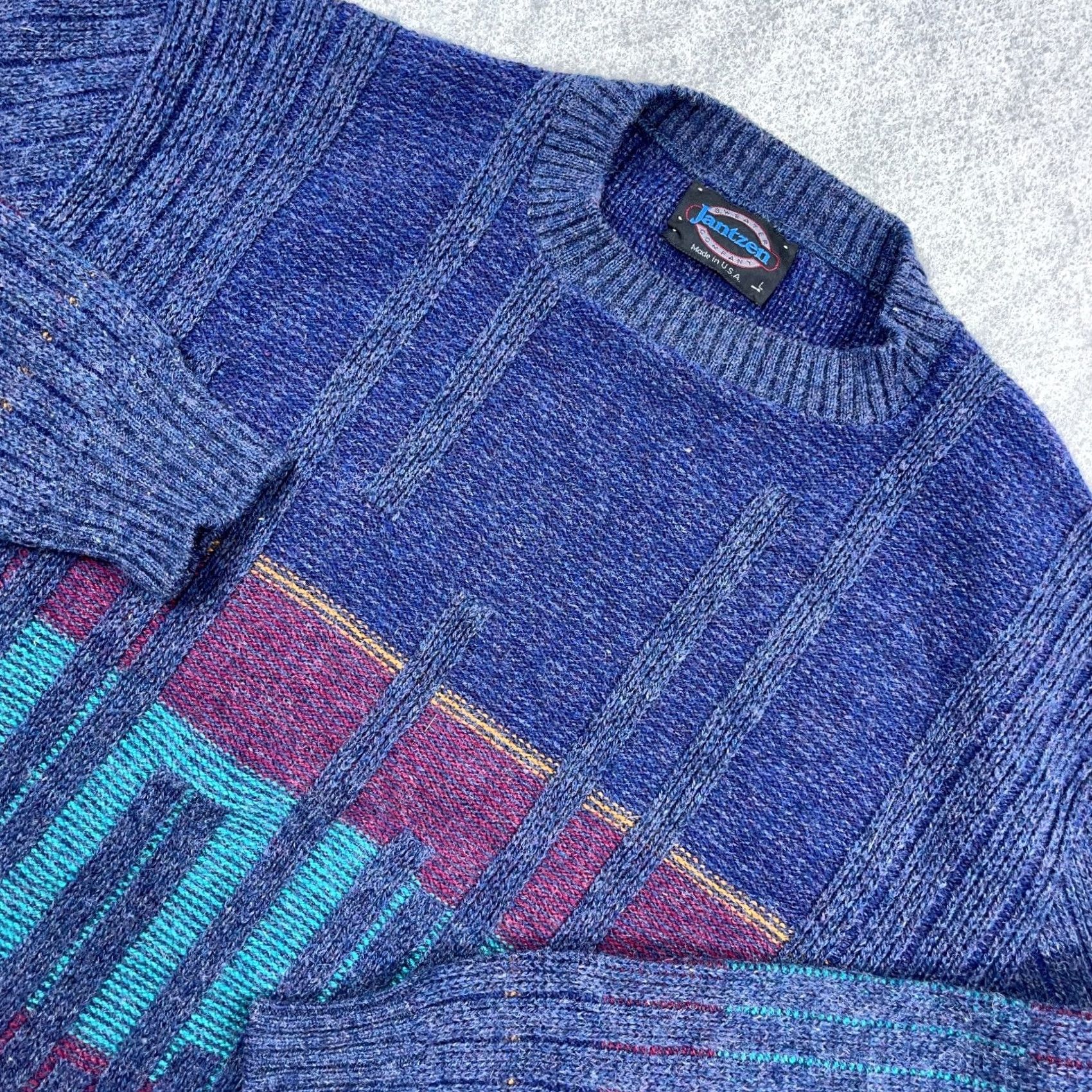 Jantzen VINTAGE Grandpa Sweater Men L Blue Crewneck 90s Geometric USA Made Knit Jantzen Geometric Pattern Pullover Lightweight? No heavy Kraft? Size US L / EU 52-54 / 3 - 2 Thumbnail