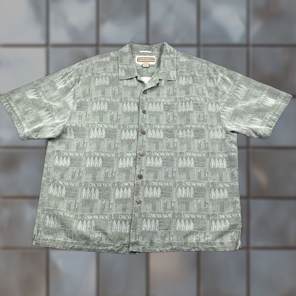 ALOHAS VINTAGE Jamaica Jaxx Button Up Shirt Mens 2XL Green Silk Geometric Hawaiian Aloha Size US XXL / EU 58 / 5 - 1 Thumbnail