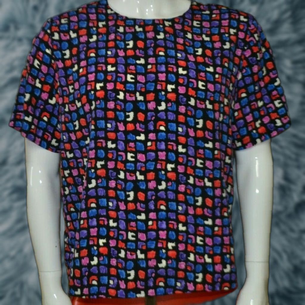 Vintage VINTAGE Ship N Shore Blouse Geometric 90s Short Sleeve Women Large Shoulder Pads Black Size L / US 10 / IT 46 - 1 Thumbnail
