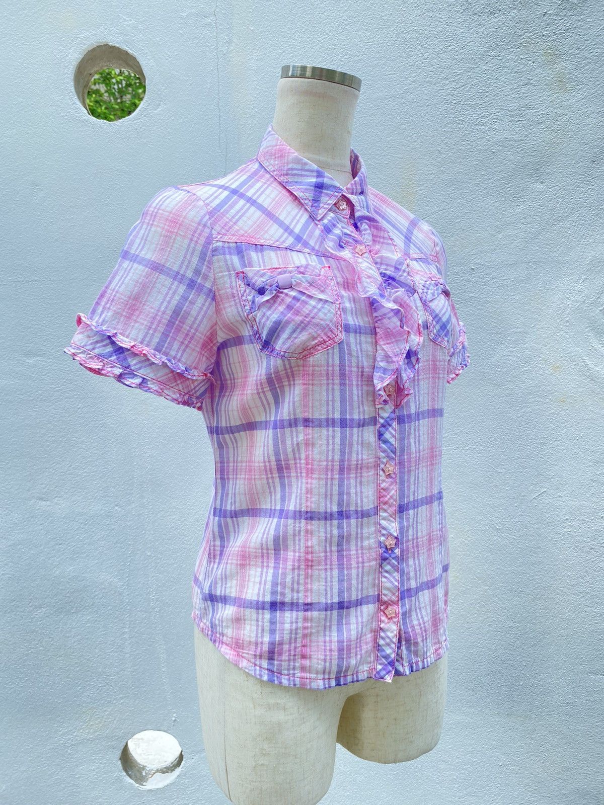 Designer × Japanese Brand Mezzo Piano Y2K Pink & Purple Plaid Ruffle Shirt Size ONE SIZE - 7 Thumbnail