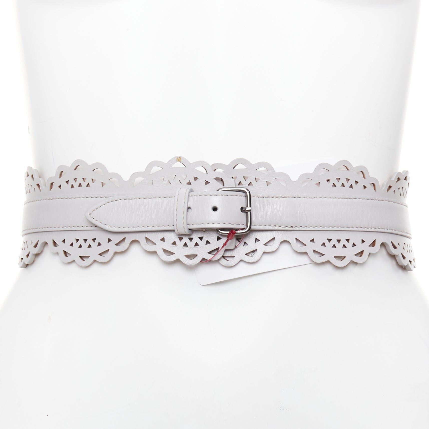 Alaia ALAIA light grey leather laser cut details silver buckle scallop belt 65cm Size ONE SIZE - 1 Thumbnail
