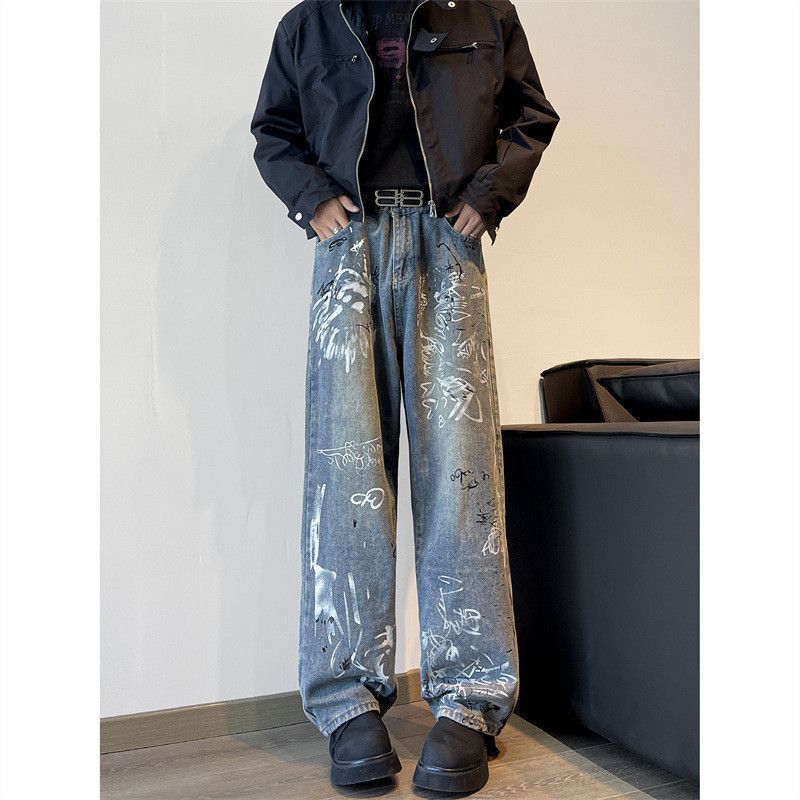 Japanese Brand Retro loose wide leg graffiti printed jeans Size US 30 / EU 46 - 2 Thumbnail
