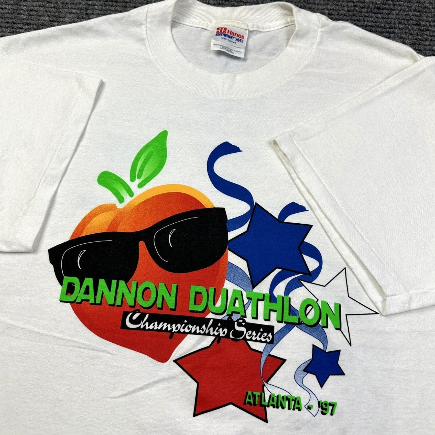 Hanes VINTAGE 90s Atlanta Georgia Graphic T-Shirt Large Hanes Unisex Adult White Crew Neck Short Sleeve 50/50 Single Stitch Duathlon Running Biking USA Size US L / EU 52-54 / 3 - 7 Thumbnail