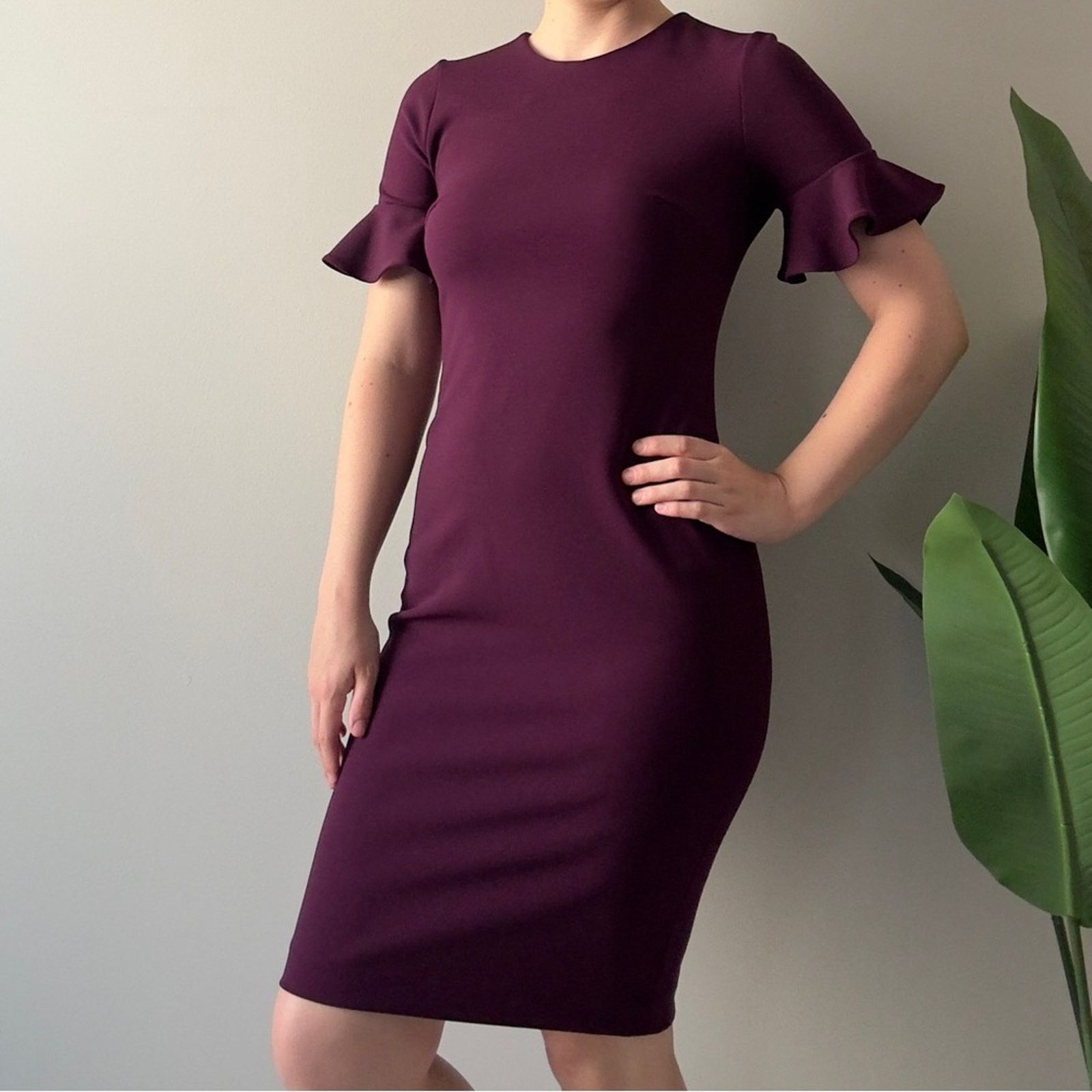calvin klein purple dress Square Neck Cap Sleeve Sheath Dress, Womens, 2, Aubergine Lyocell Purple Ribbed Knit Design High Neck Long Sleeves Snug Tapered Fit Calvin Klein Branding For a sleek and alluring look Women's Calvin Klein Sleeveless Suede