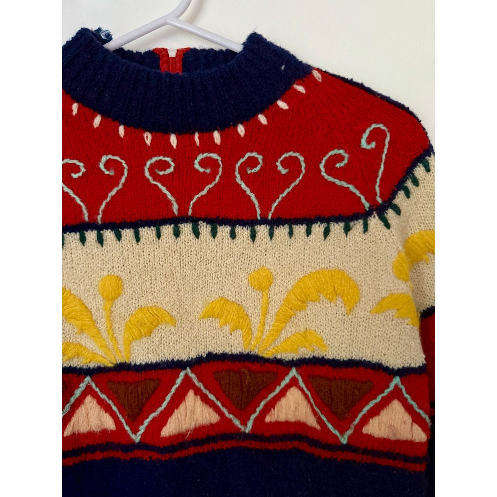 Vintage Vintage 60s Fully Fashioned Blue Red Knit Wool Sweater Small Size S / US 4 / IT 40 - 3 Thumbnail