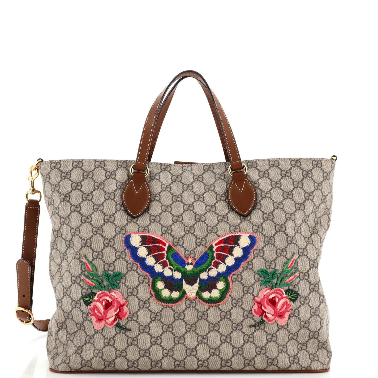 image of Gucci Convertible Soft Tote Embroidered GG Coated Canvas Medium in Brown, Women's