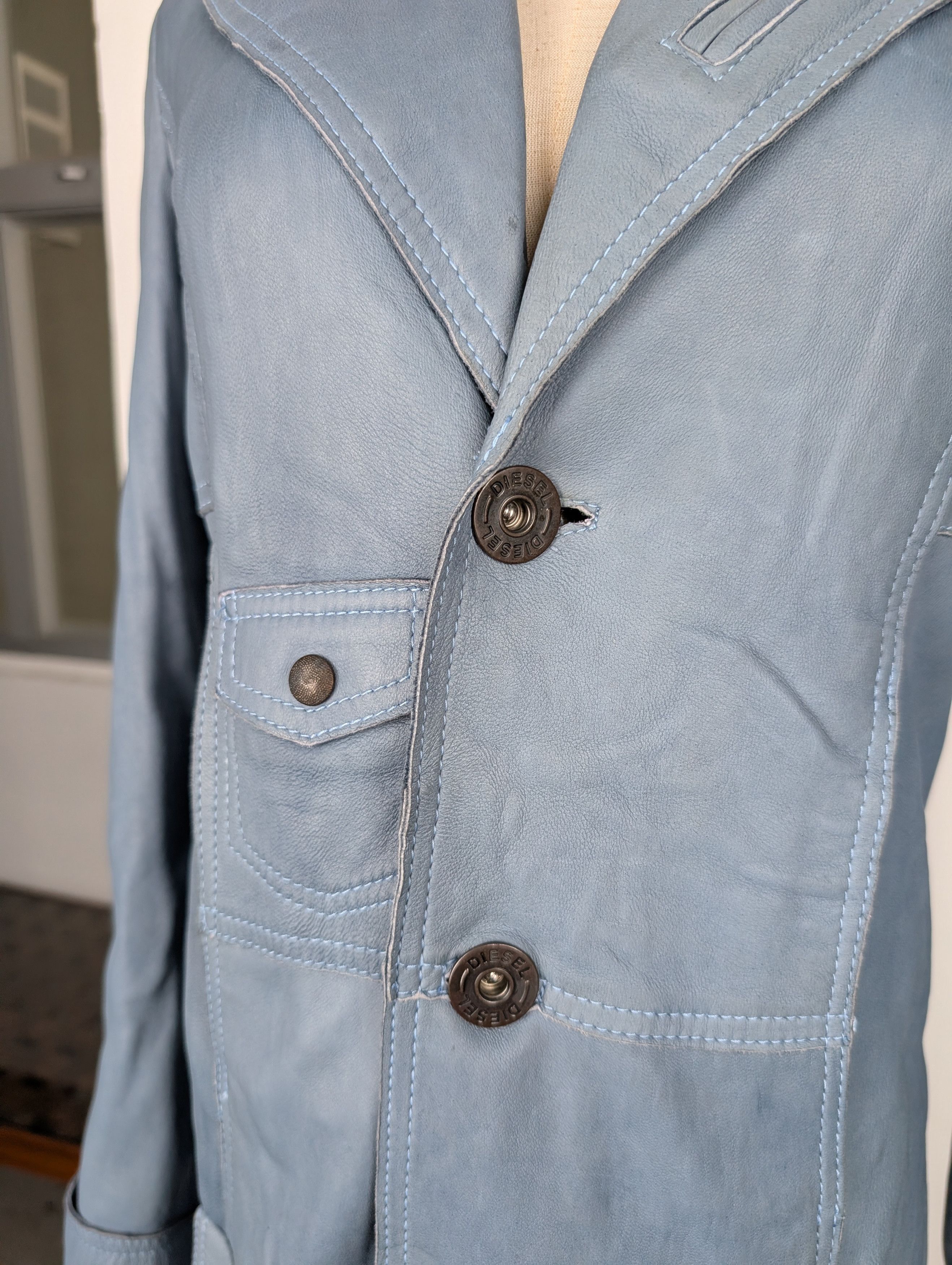 Diesel Blue Leather Coat With Owl Print Stitching At The Back Size M / US 6-8 / IT 42-44 - 3 Thumbnail
