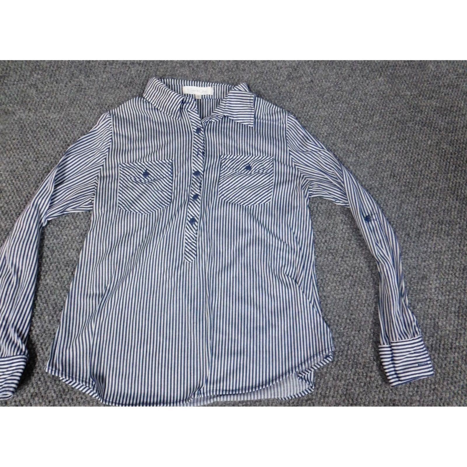 Vintage Eden & Olivia Blouse Womens Petites PM Dolman Long Sleeve Blue Striped Collared Pullover Casual Regular Stretch Dog Theme Viscose Down Size M / US 6-8 / IT 42-44 - 3 Thumbnail