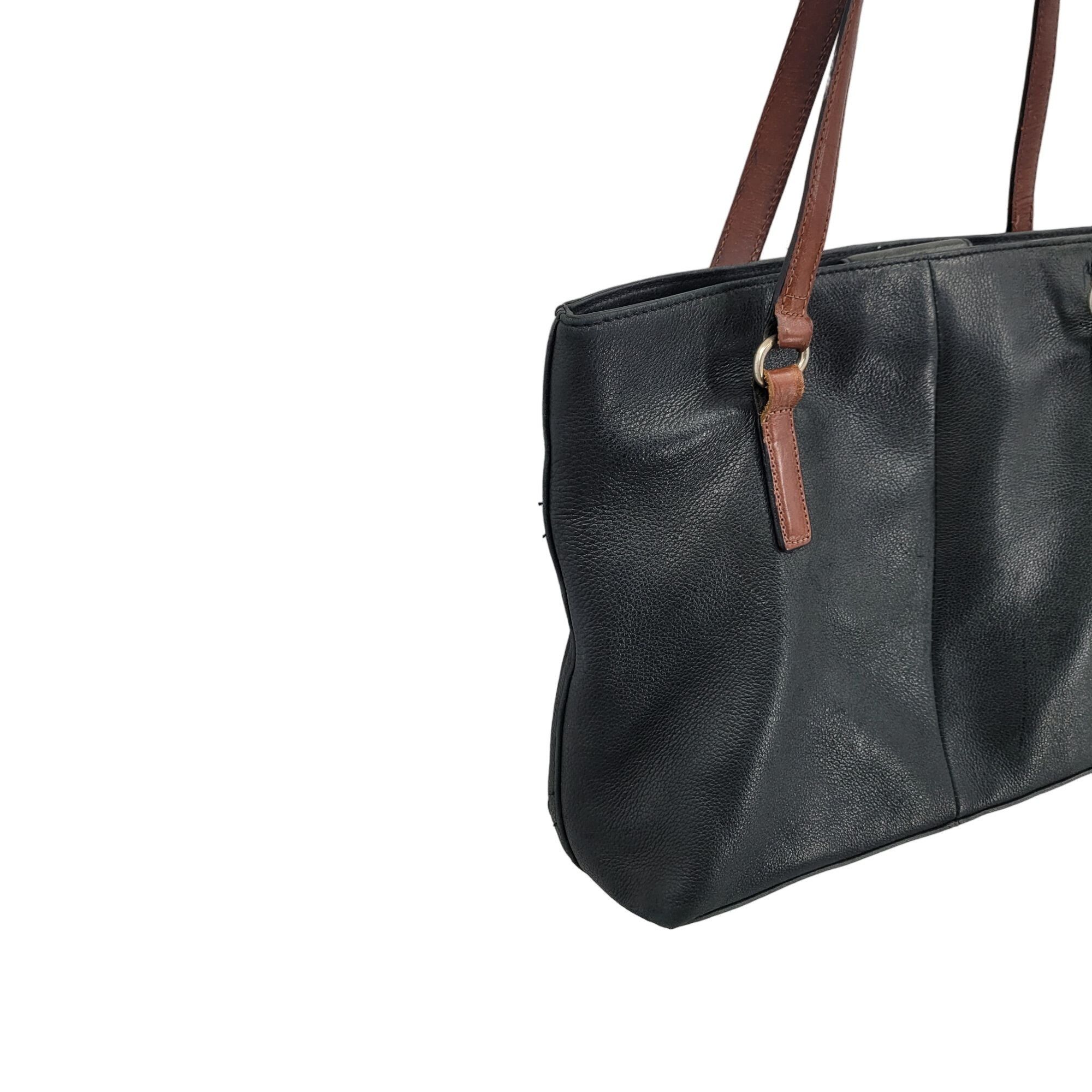 Fossil Fossil Black Genuine Leather Tote Bag Pebble Brown Embroider Size ONE SIZE - 8 Thumbnail
