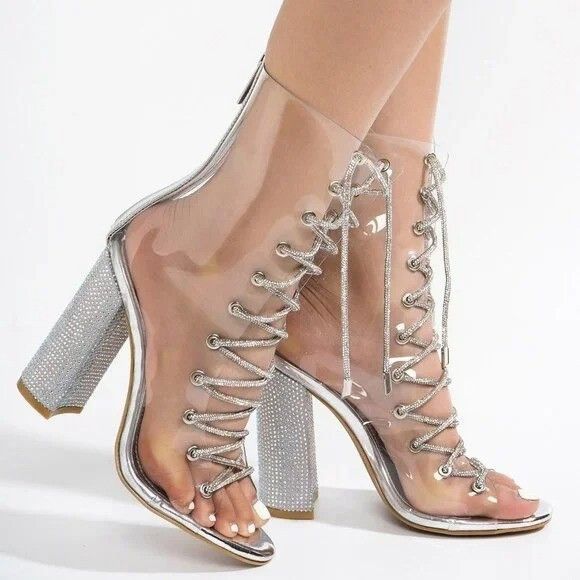 Other See Me Silver Rhinestone Laces Heels Clear Upper Open Toe An Size US 9 / IT 39 - 9 Thumbnail