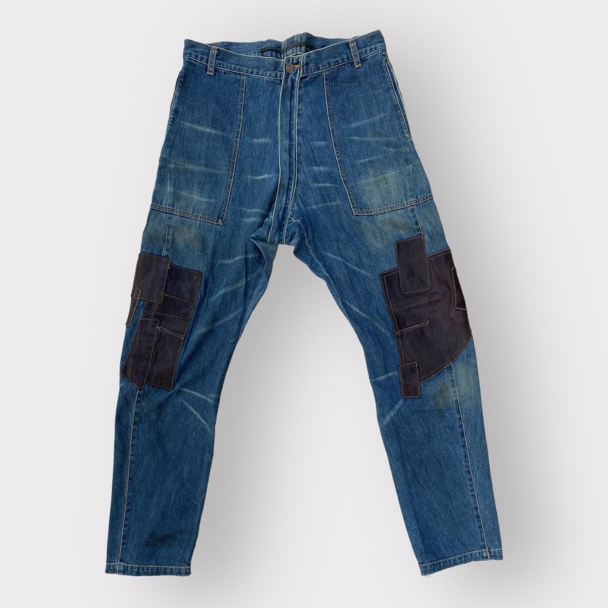 image of Miharayasuhiro Miharyasuhiro Leather Patchwork Denim in Blue, Men's (Size 34)