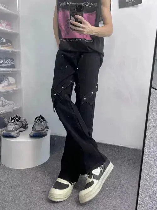 Jean Black lace-up studded micro-flared casual overalls Size US 32 / EU 48 - 2 Thumbnail