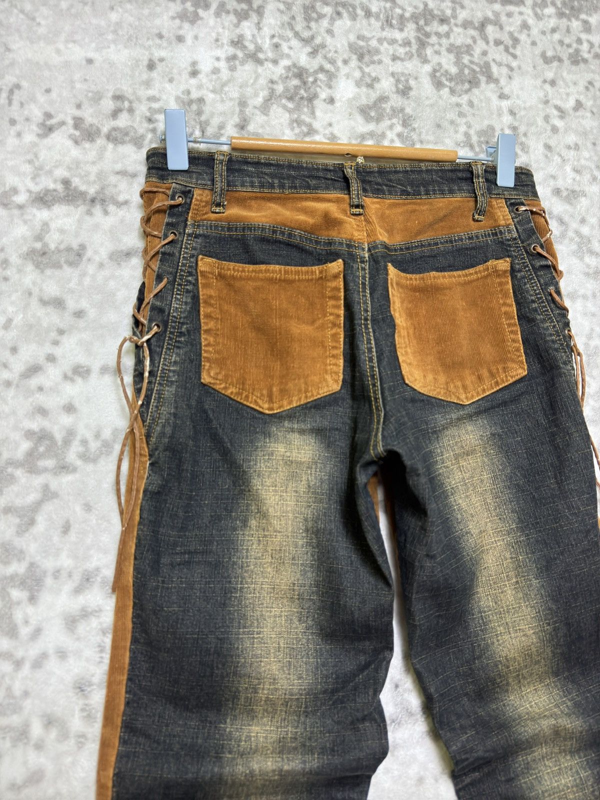 Japanese Brand Y2K Unisex Lace Up Bootcut Denim Corduroy Hybrid Jeans Size US 27 - 8 Thumbnail
